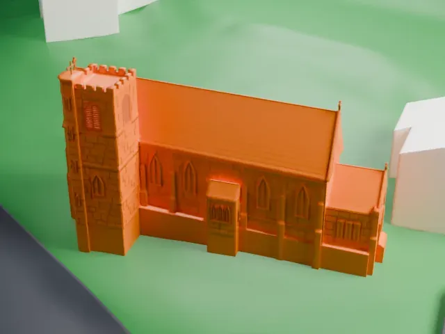 St. Bernard's Church and Parish House model, North view