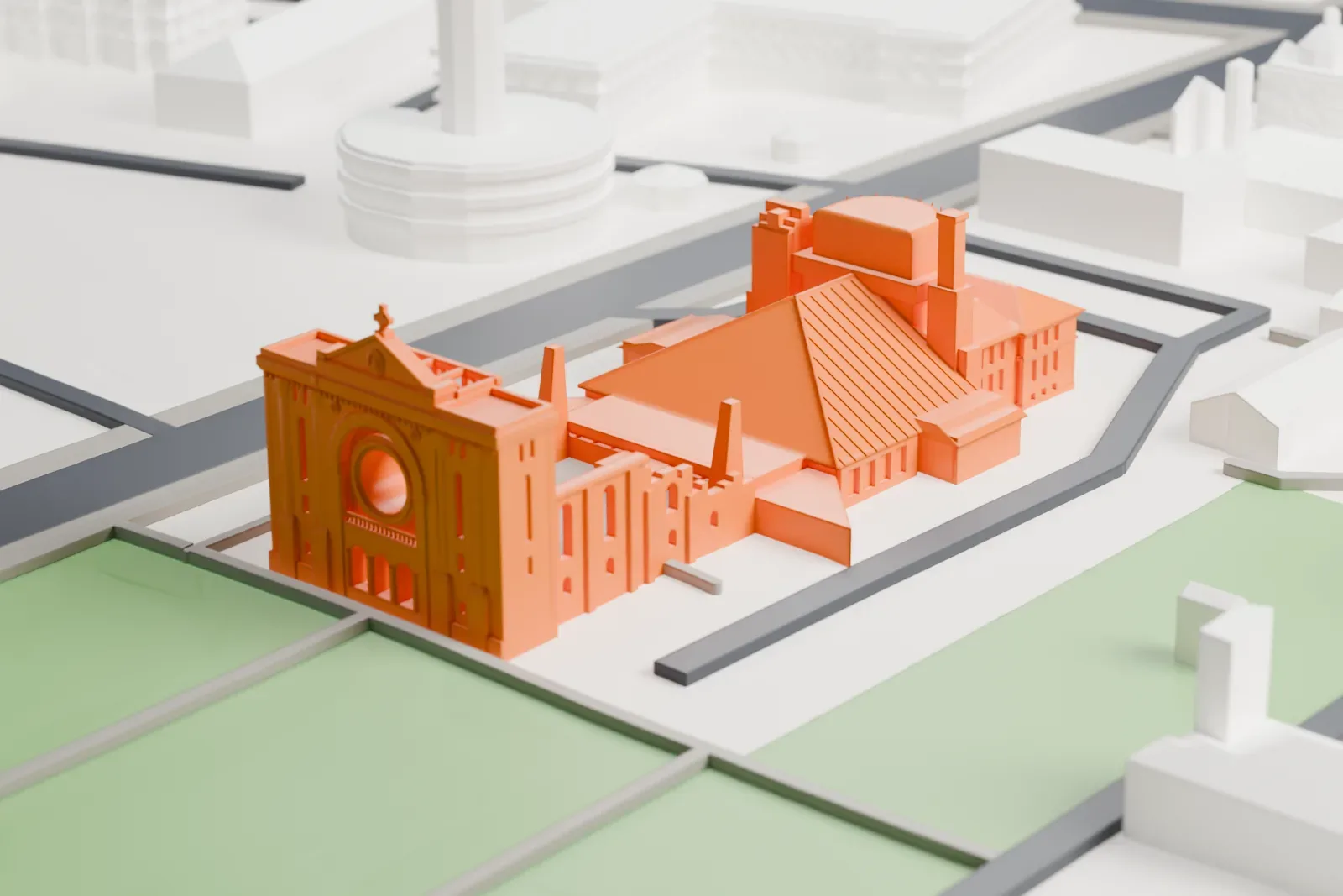 A white 3D print of St. Boniface Cathedral, a cathedral building, surrounded by streets and buildings.