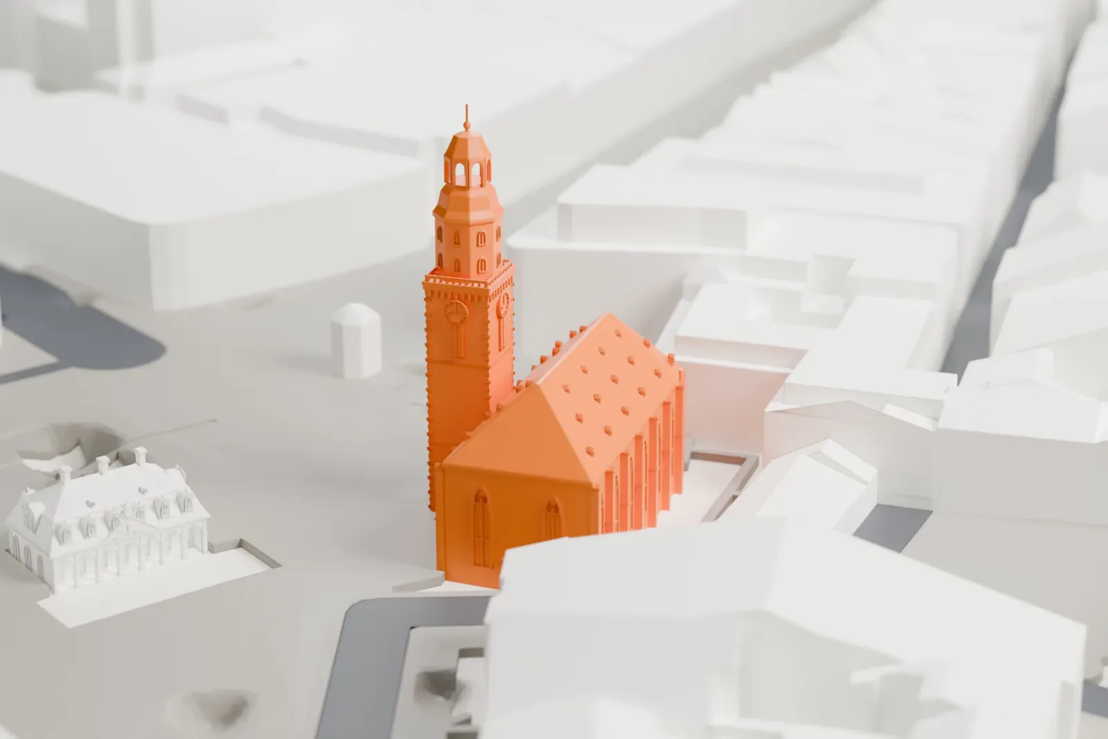 A white 3D print of St. Catherine's Church, a Baroque church among the buildings of central Frankfurt.