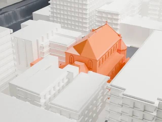 St. Cecilia Church and Convent model, South view