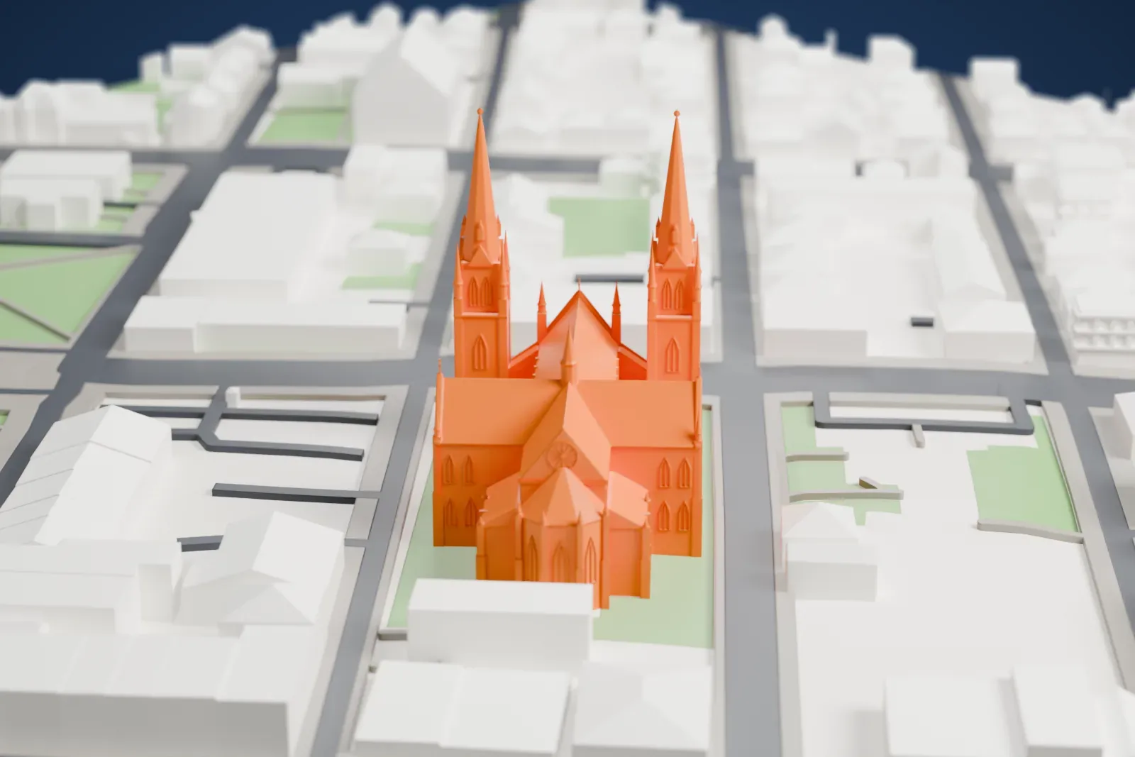 A white 3D print of St. Dunstan's Basilica among the surrounding streets and buildings.