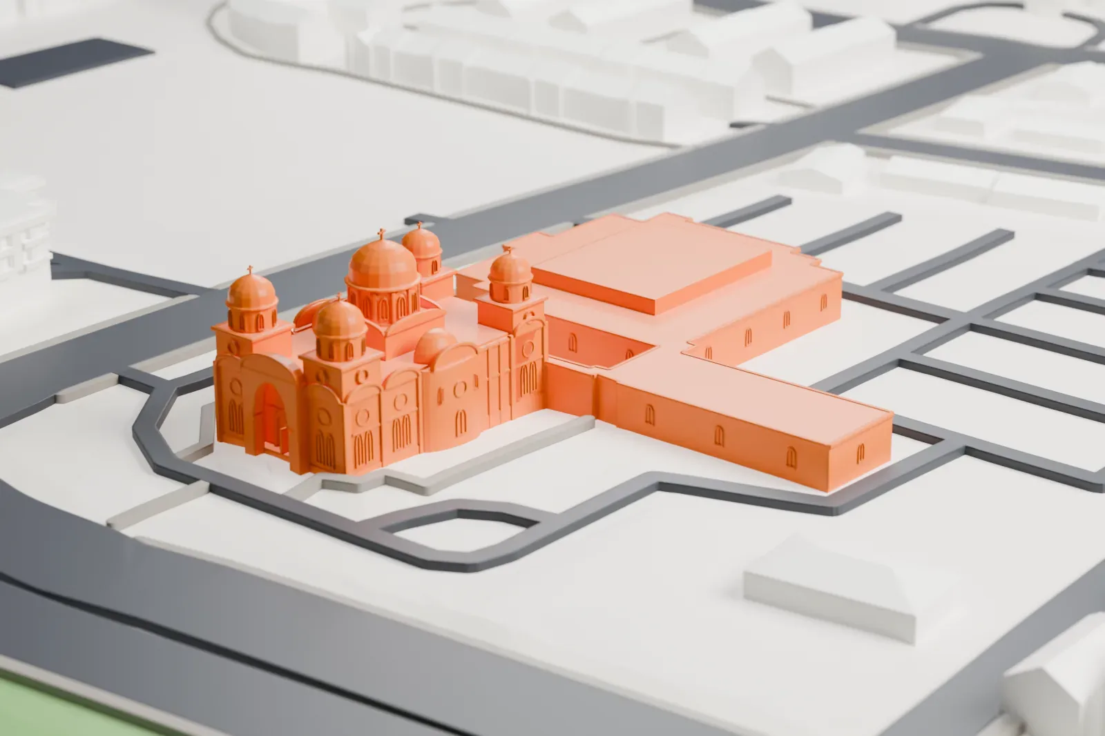 A white 3D print of St. Elias Antiochian Orthodox Cathedral, set among the surrounding streets and buildings.