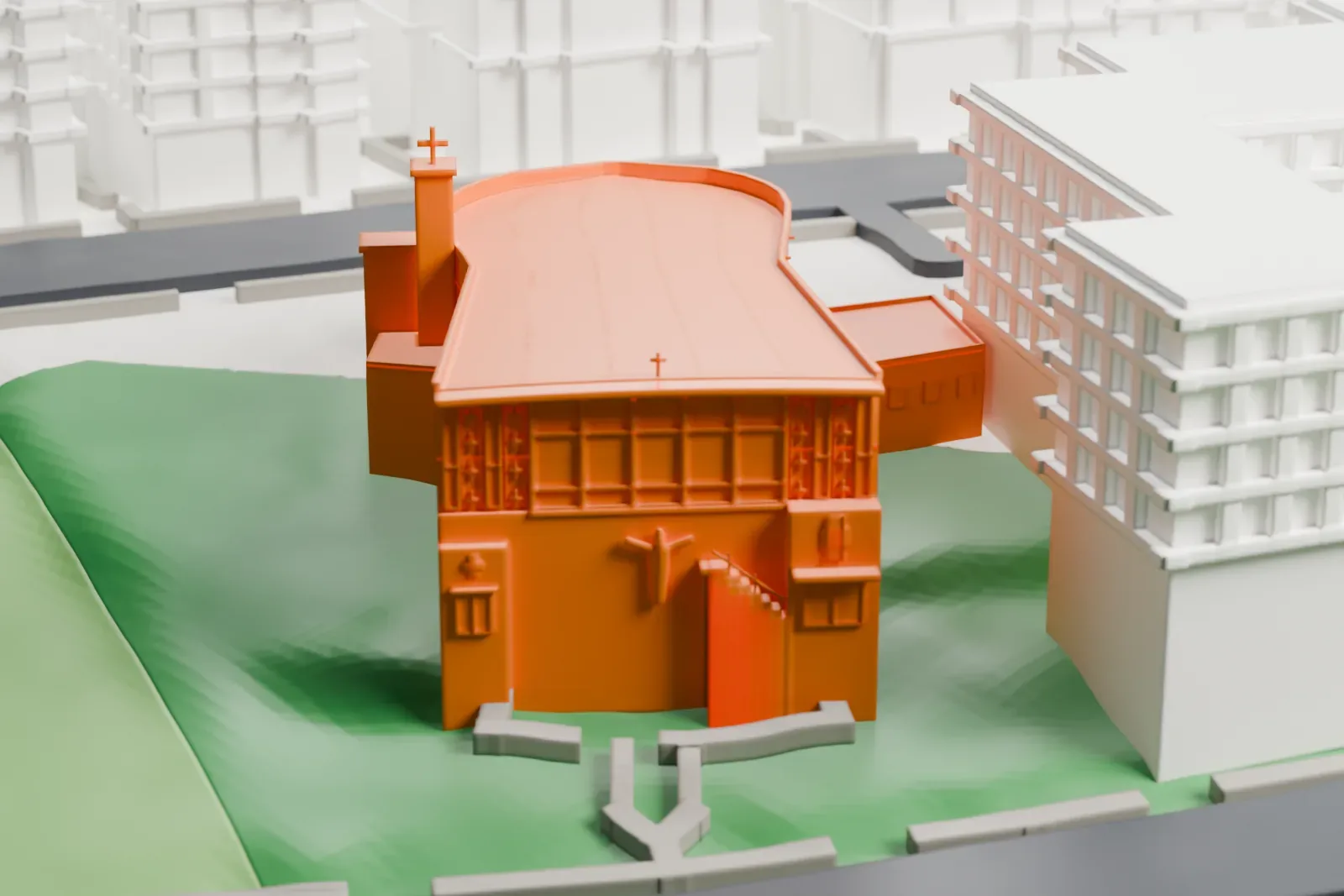 A white 3D print of the St. Frances Xavier Cabrini Shrine, a long building with a curved end and a cross on a small tower, beside green slopes and other buildings.