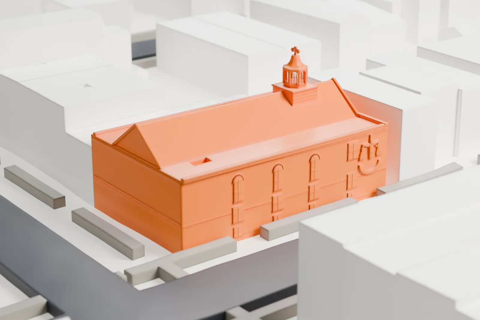 A white 3D print of St. George Coptic Orthodox Church, a gabled building with a small cupola on its roof, set among dense blocks of low and mid-rise buildings.
