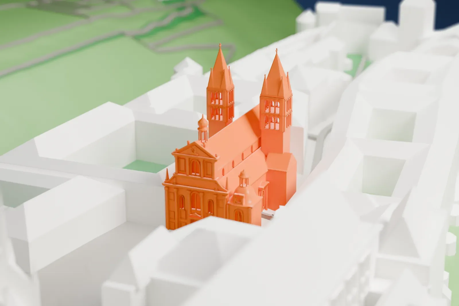 A white 3D print of St. George's Basilica, a Romanesque church with twin towers and a Baroque front, standing among the buildings of Prague Castle.