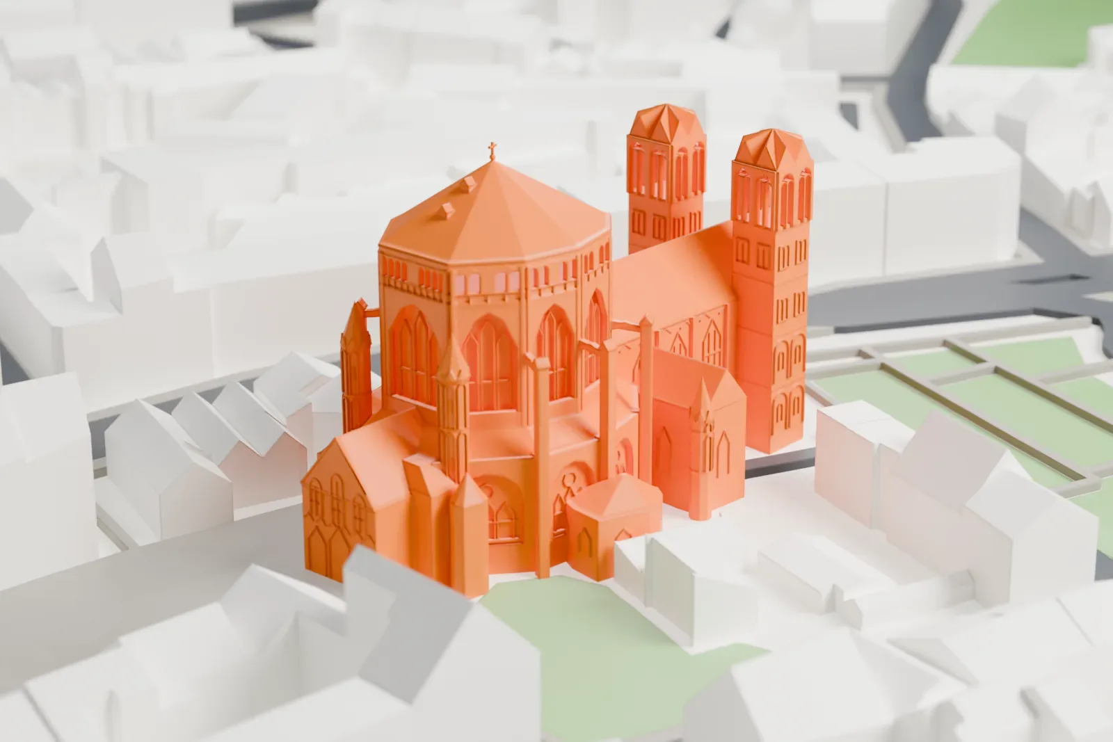 A white 3D print of St. Gereon's Basilica, a Romanesque church with a domed decagon, among the surrounding buildings of Cologne.