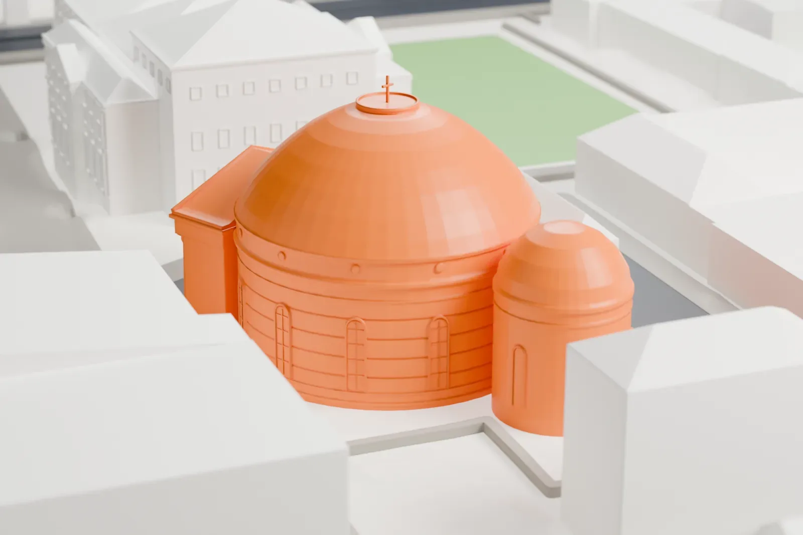 A white 3D print of St. Hedwig's Cathedral among the streets and buildings around Bebelplatz in Berlin.