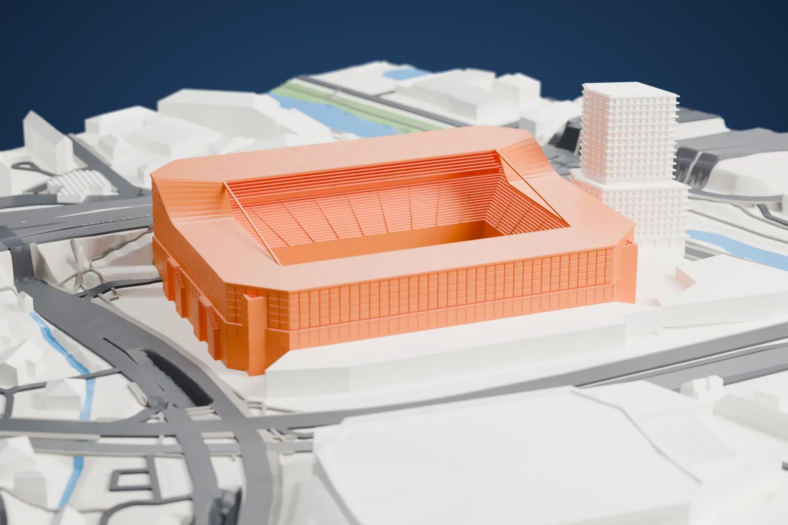A white 3D print of St. Jakob-Park among the surrounding streets and buildings.
