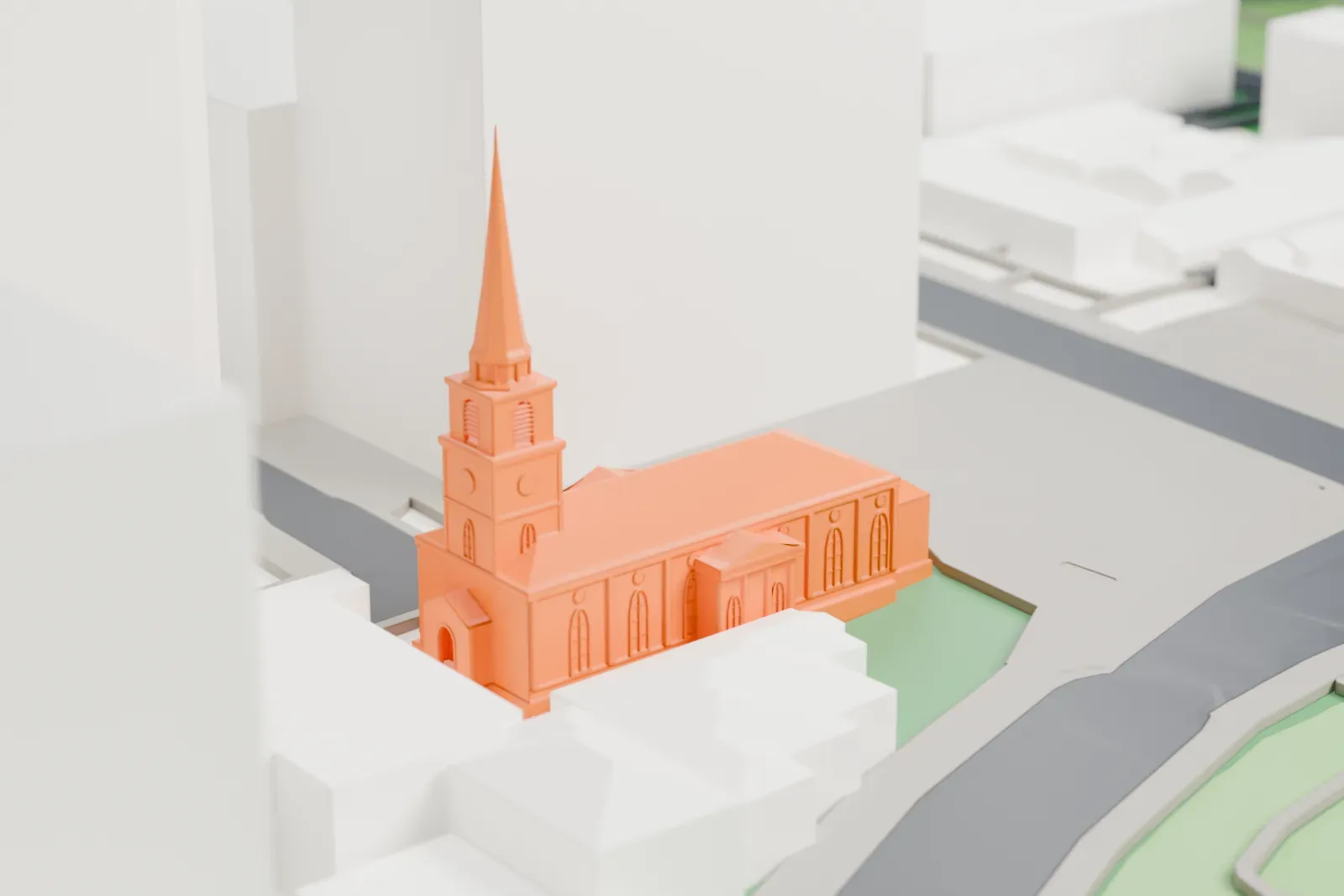 A white 3D print of St James' Church, a Georgian church standing among the surrounding city buildings.