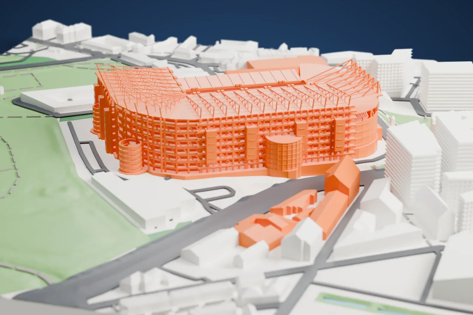 A white 3D print of St James' Park, a football stadium with uneven stands and an open roof framework, beside a green park with paths and a pond and surrounded by city buildings.