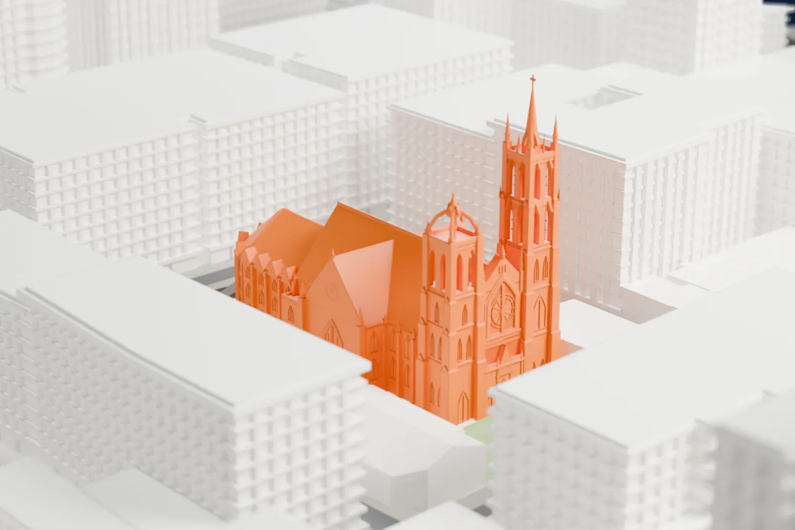 A white 3D print of St. James United Church, a Gothic Revival church, among surrounding streets and buildings.