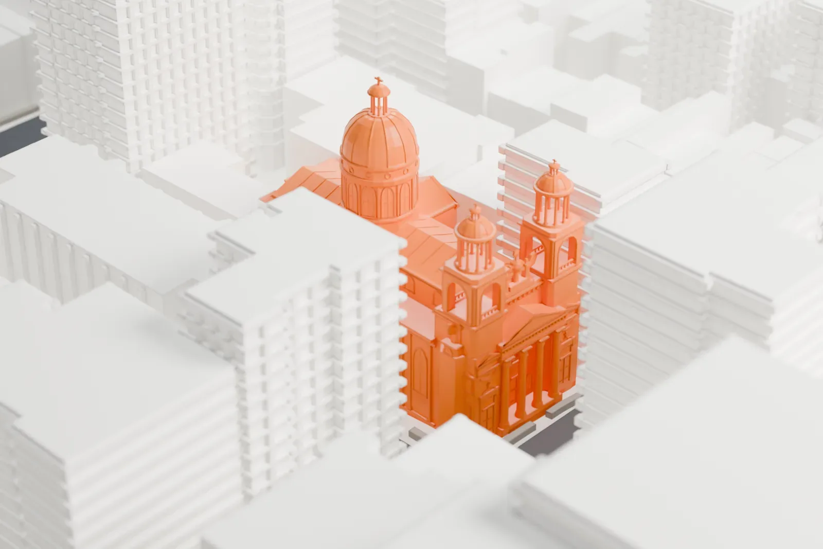 A white 3D print of St. Jean Baptiste Roman Catholic Church, a church with a large ribbed dome and two bell towers topped by columned cupolas, among taller buildings.