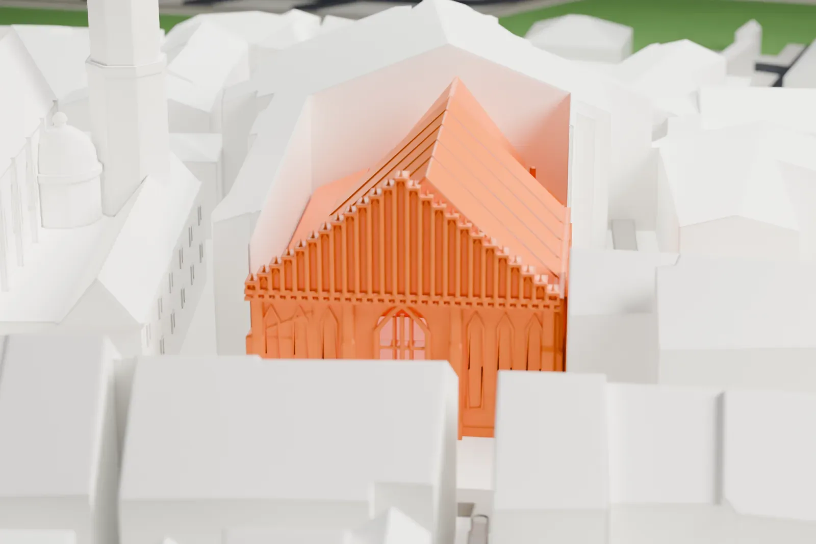 A white 3D print of St. John's Archcathedral among the streets and buildings of Warsaw's Old Town.