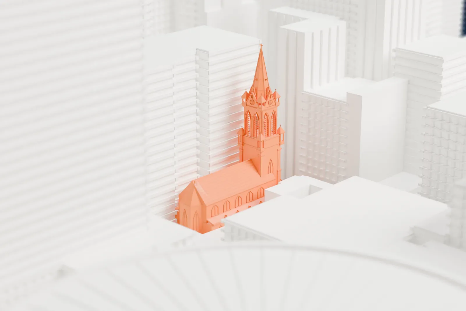 A white 3D print of St. John the Baptist Church, a stone church with a slender bell tower and spire, hemmed in by tall city buildings near a large round building.