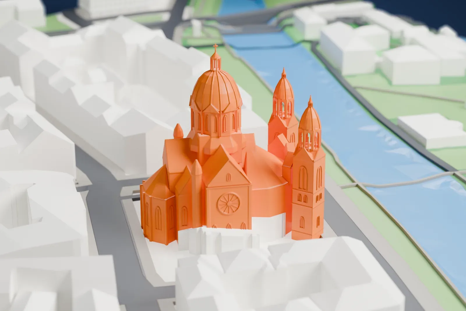 A white 3D print of St. Luke's Church in Munich among the surrounding streets and buildings.