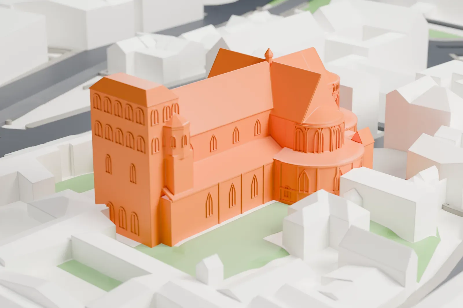A white 3D print of St. Maria im Kapitol in Cologne's old town, with surrounding streets and buildings.