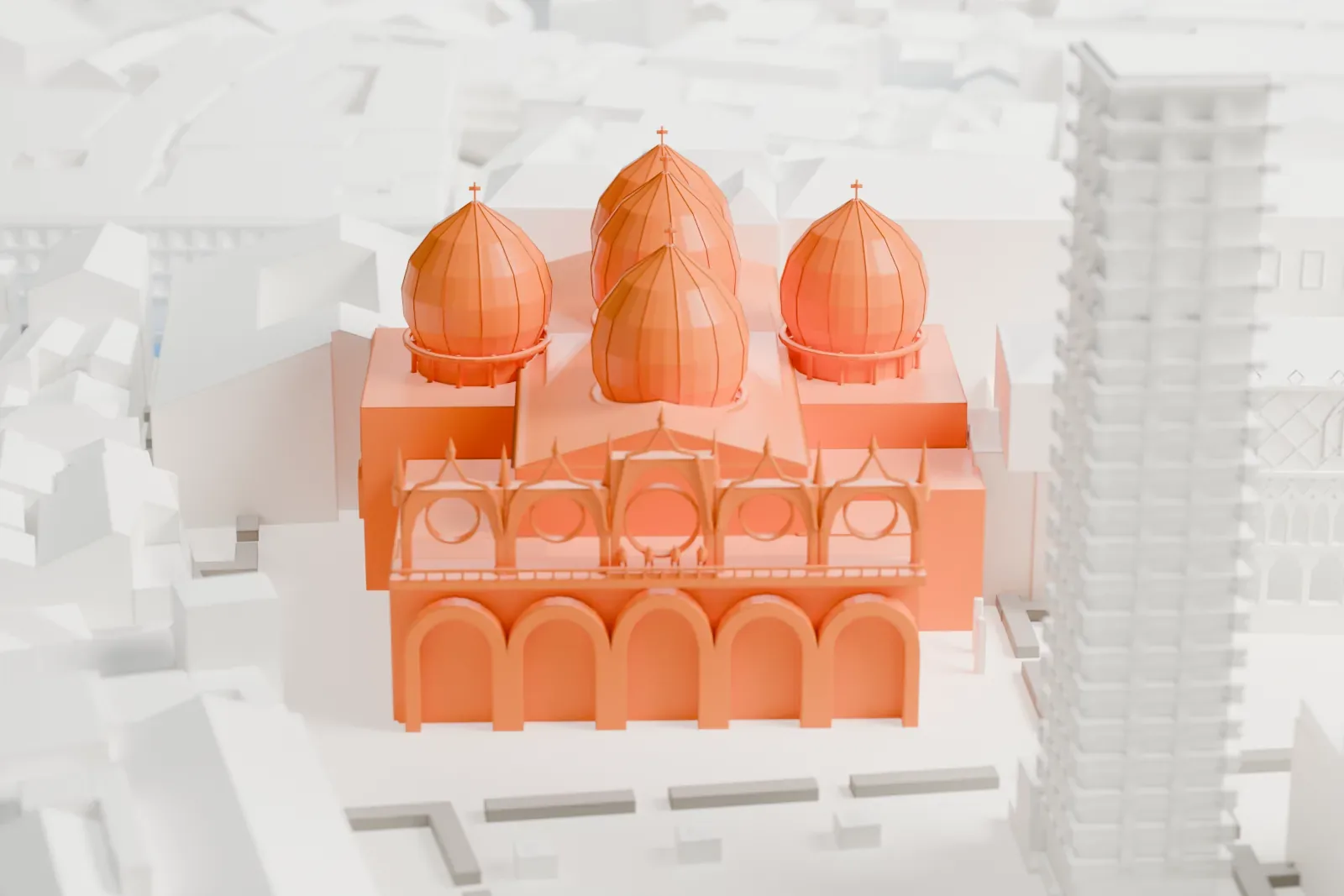 A white 3D print of St Mark's Basilica, with its five domes and arched west front, packed among the dense buildings of Venice beside a paved square.