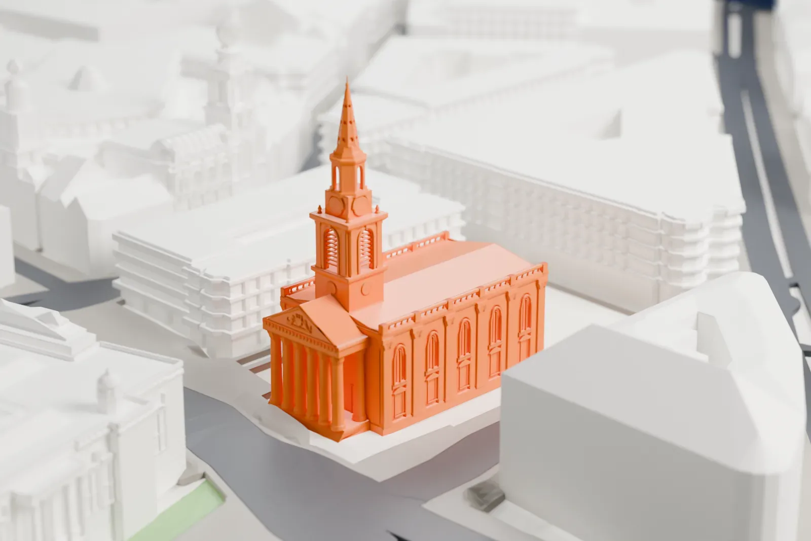 A white 3D print of St Martin-in-the-Fields in London, shown among the surrounding streets and buildings.