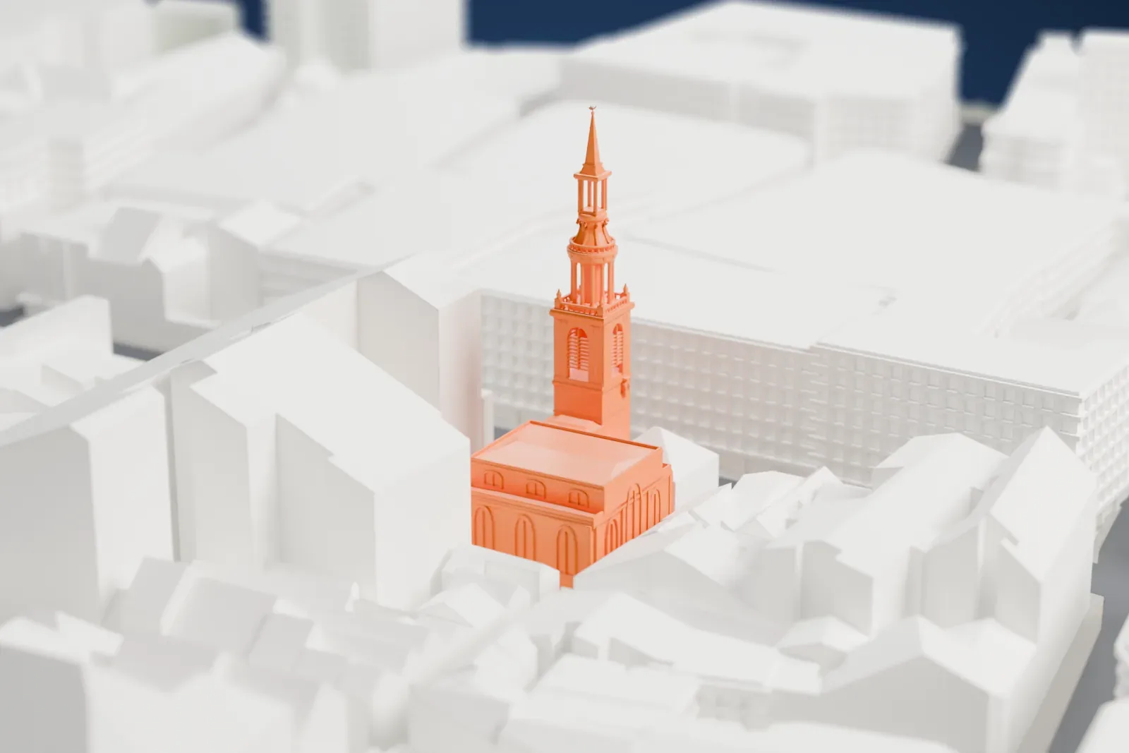 A white 3D print of St Mary-le-Bow in London, with the surrounding streets and buildings.