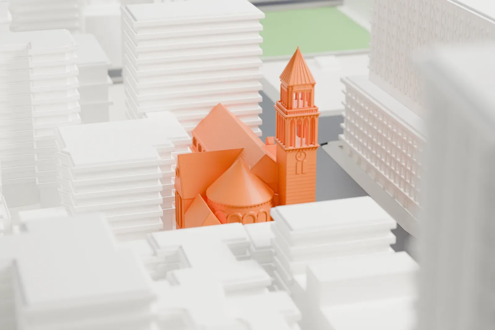 A white 3D print of St. Michael's Episcopal Church on Manhattan's Upper West Side, standing among the surrounding streets and buildings.