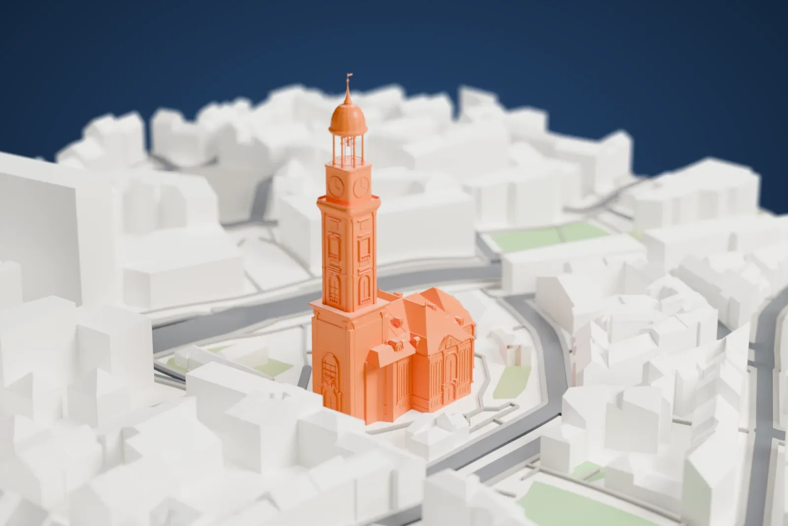 A white 3D print of St. Michael's Church in Hamburg, standing among the surrounding streets and buildings.