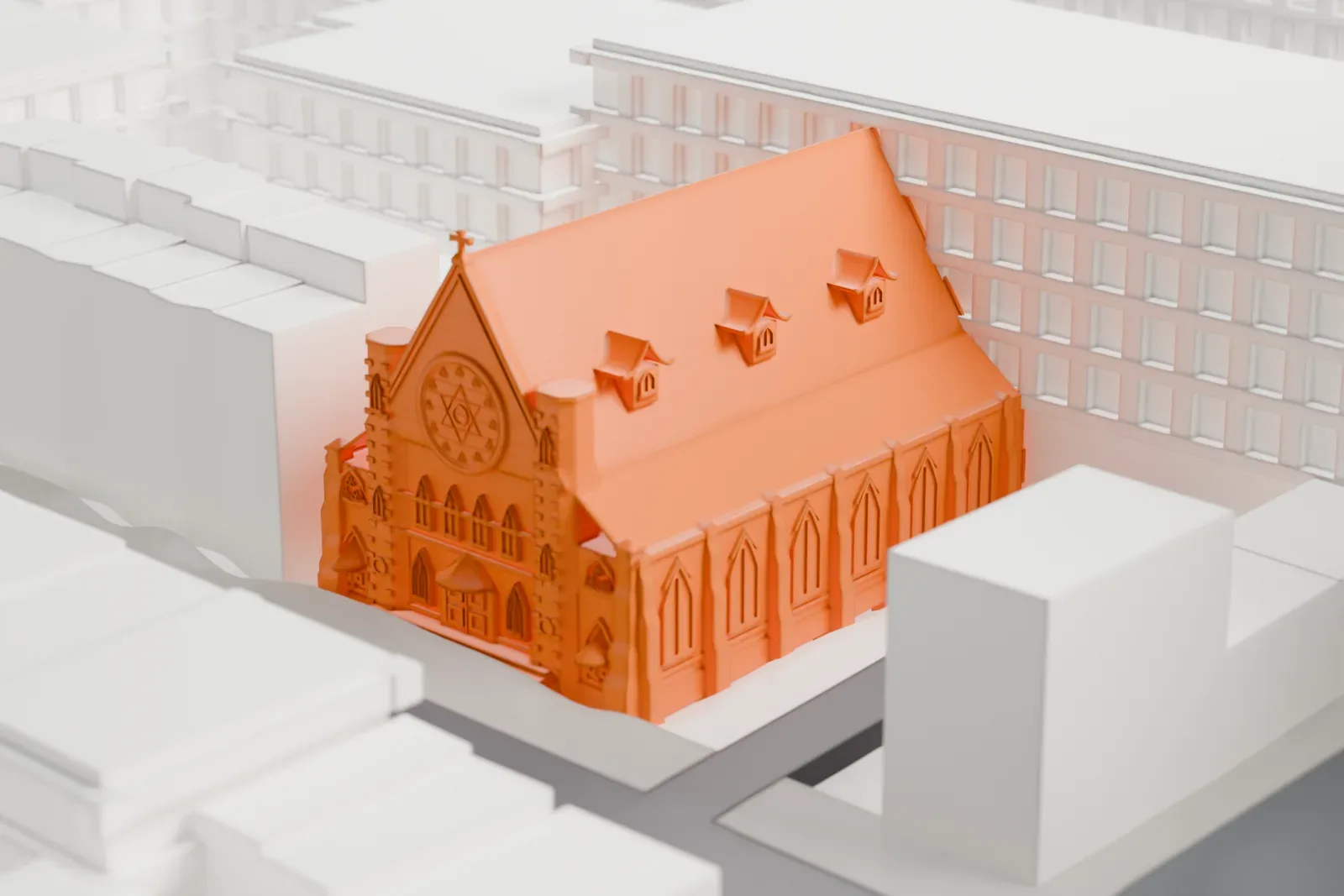 A white 3D print of St. Nicholas Antiochian Orthodox Cathedral, a small gabled church, among dense blocks of taller buildings.