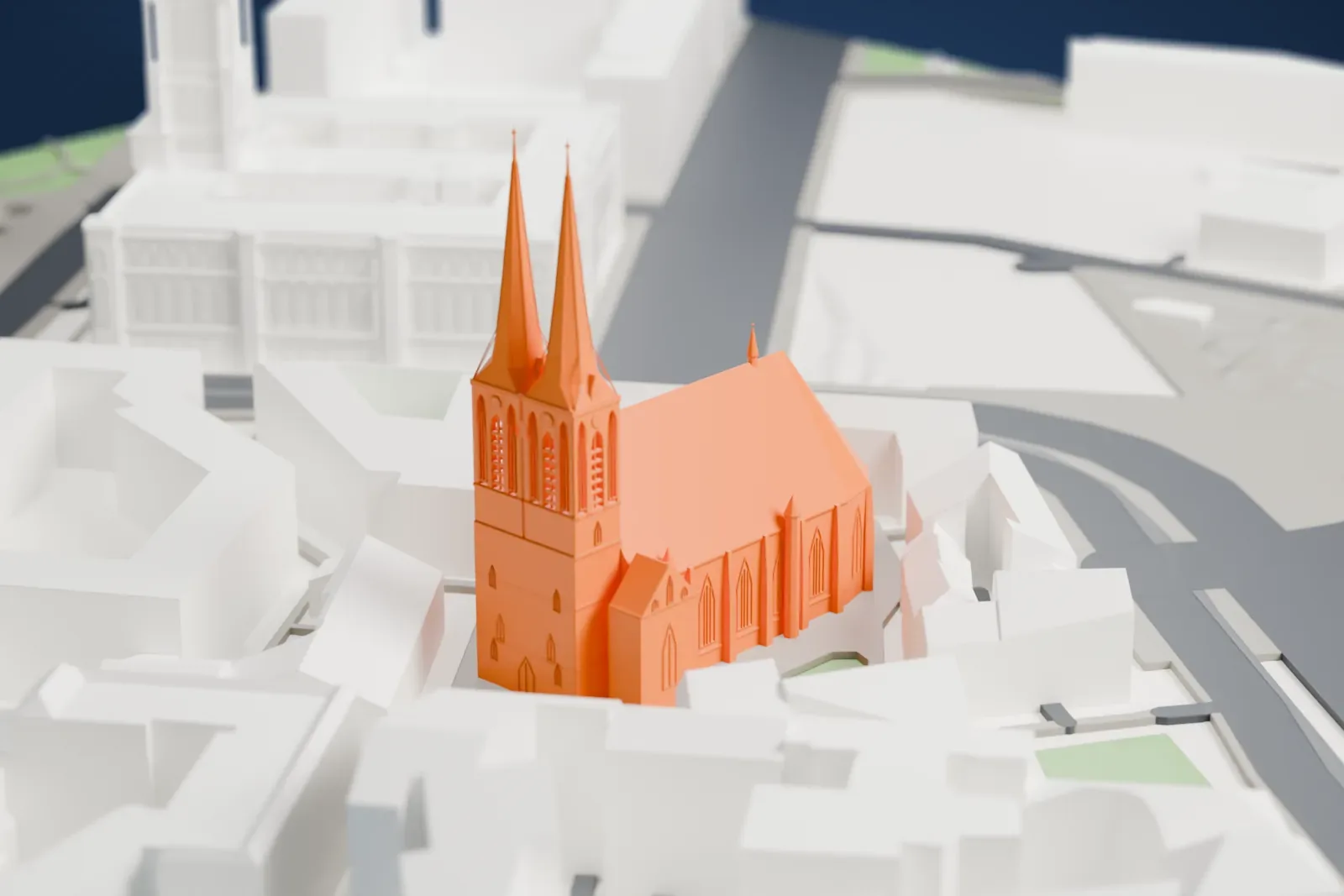 A white 3D print of St. Nicholas Church in Berlin's Nikolaiviertel, with surrounding streets and buildings.