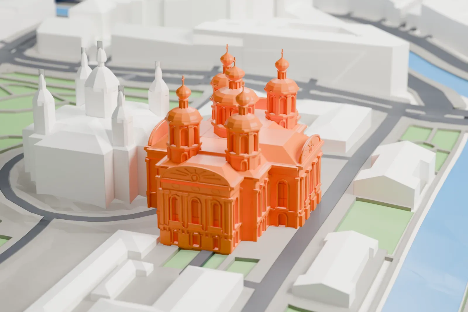 A white 3D print of St. Nicholas Naval Cathedral, a Baroque church beside the Kryukov Canal, among the surrounding buildings.
