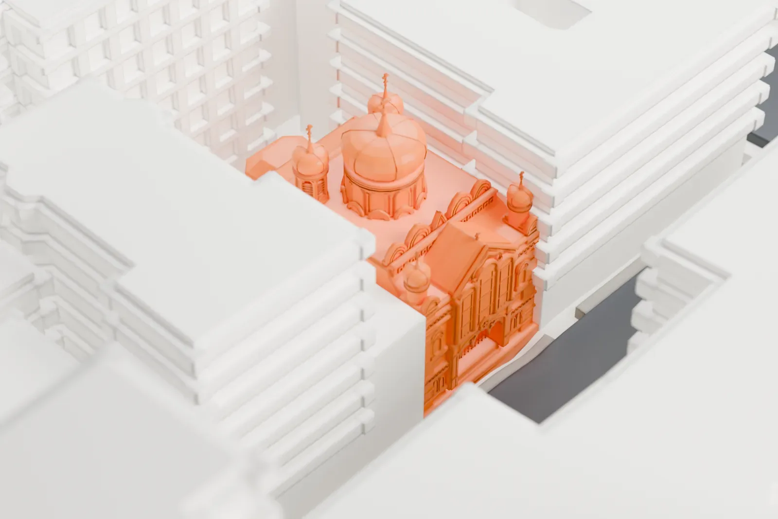 A white 3D print of St. Nicholas Russian Orthodox Cathedral, a cluster of onion domes topped with crosses rising between tall neighboring buildings.