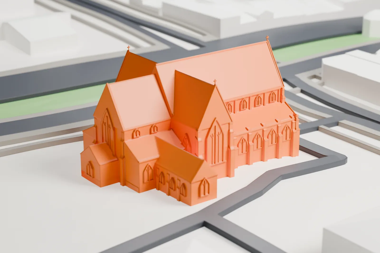 A white 3D print of St Patrick's Cathedral, Ballarat, with surrounding streets and buildings.