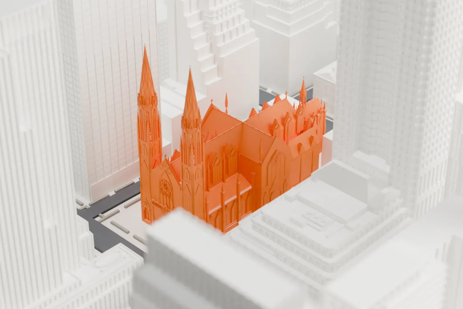 A white 3D print of St. Patrick's Cathedral, with two tall spires rising above a pitched roof, standing among much taller Midtown towers.