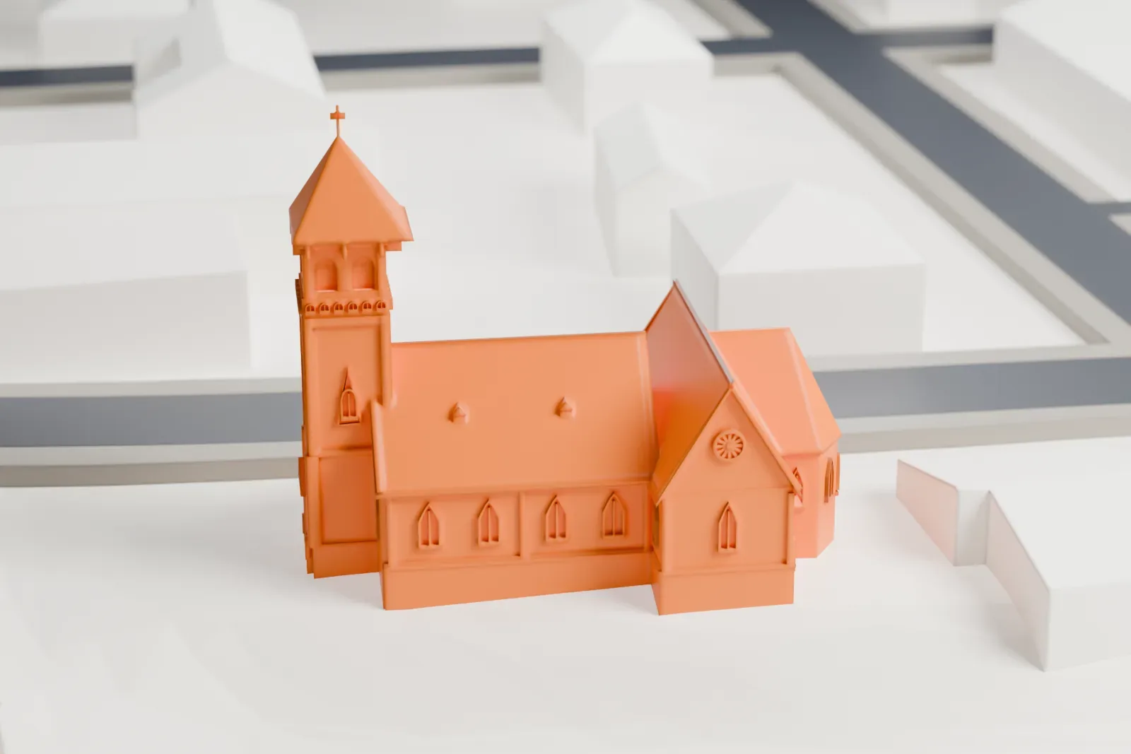 A white 3D print of St. Paul's Anglican Church with the surrounding streets and buildings.