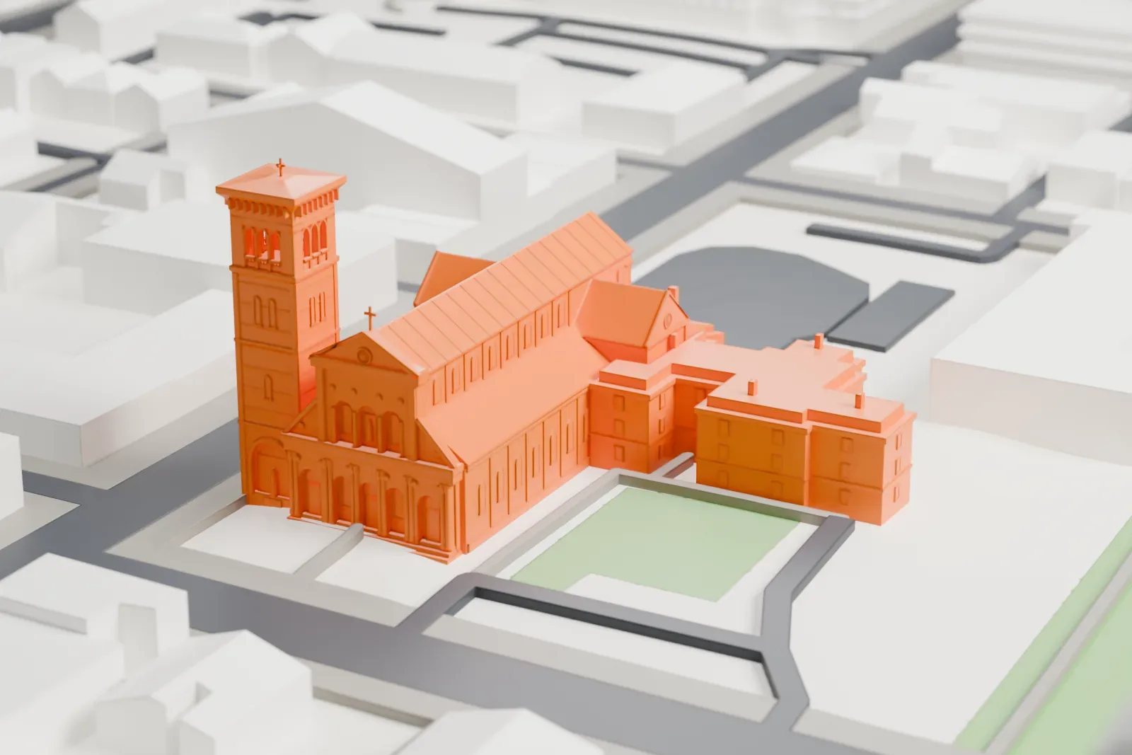 A white 3D print of St. Paul's Basilica, among the surrounding streets and buildings.