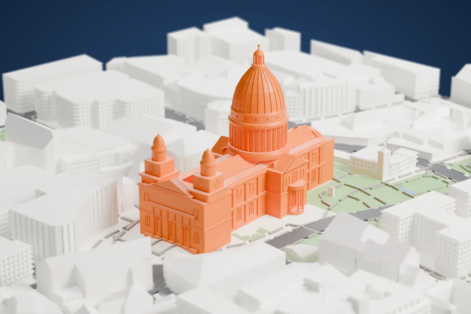 A white 3D print of St Paul's Cathedral, a large ribbed dome above a columned drum and a west front with two towers, surrounded by City of London buildings, narrow streets and small gardens.
