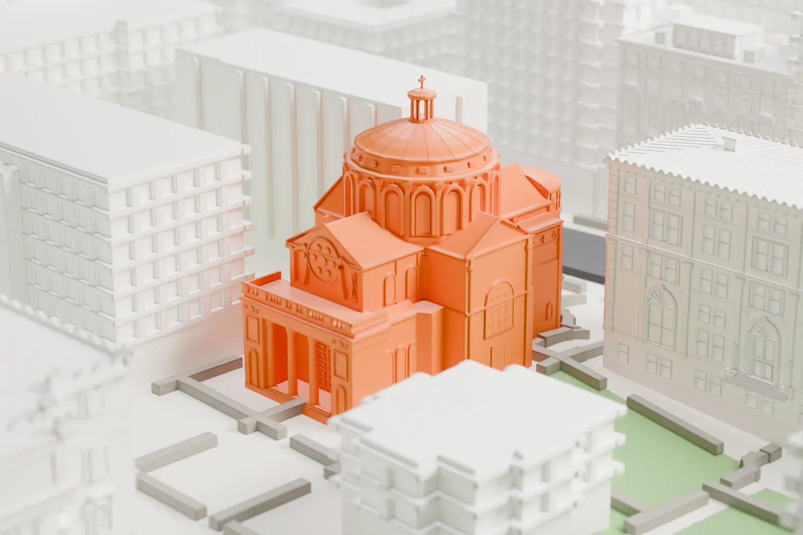 A white 3D print of St. Paul's Chapel, a domed building with rounded apses, standing among Columbia University's lawns, paths and surrounding buildings.