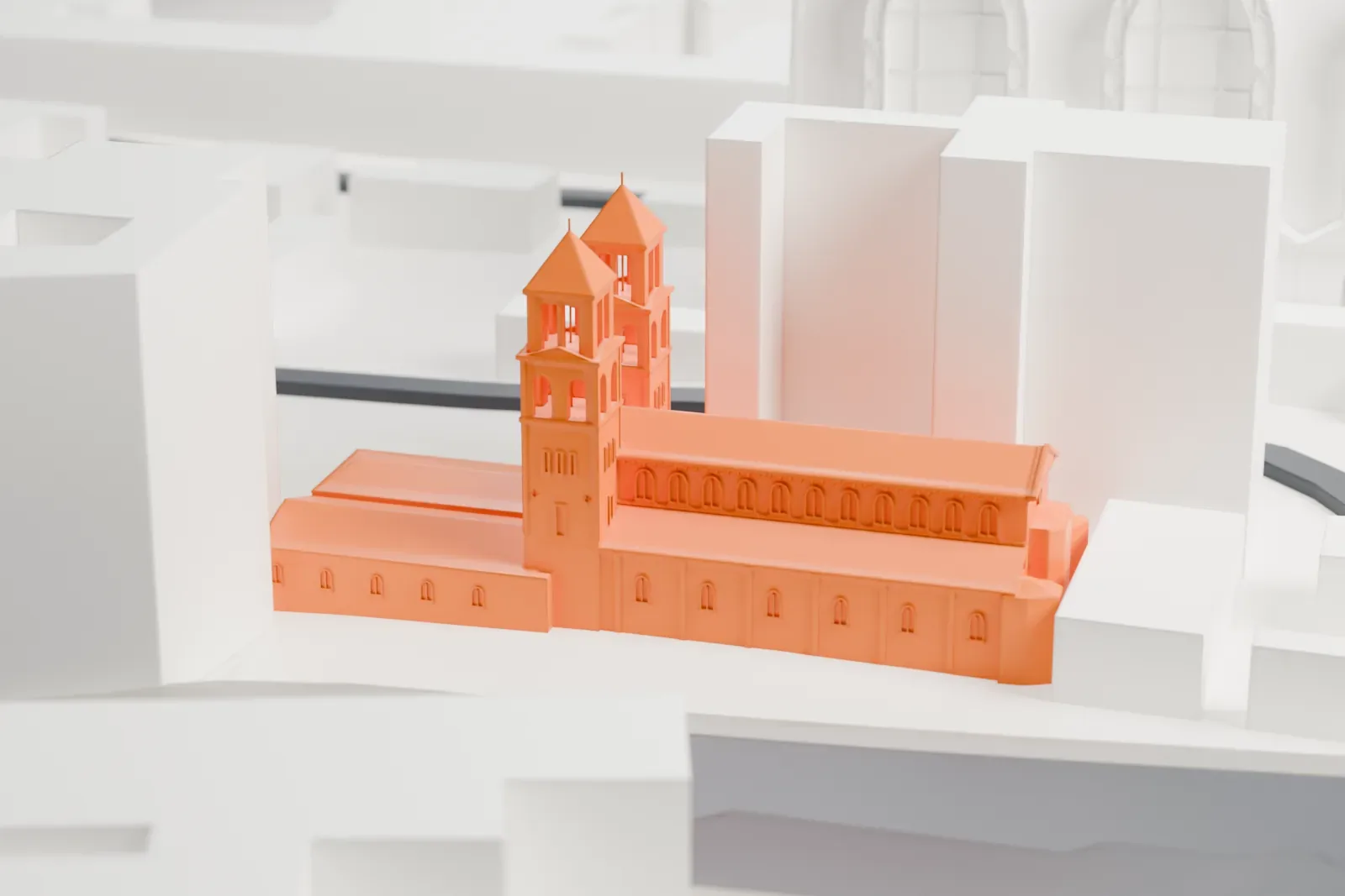 A white 3D print of St. Peter and St. Paul's Church, a small Coptic church, among the surrounding streets and buildings of Cairo's Abbassia district.