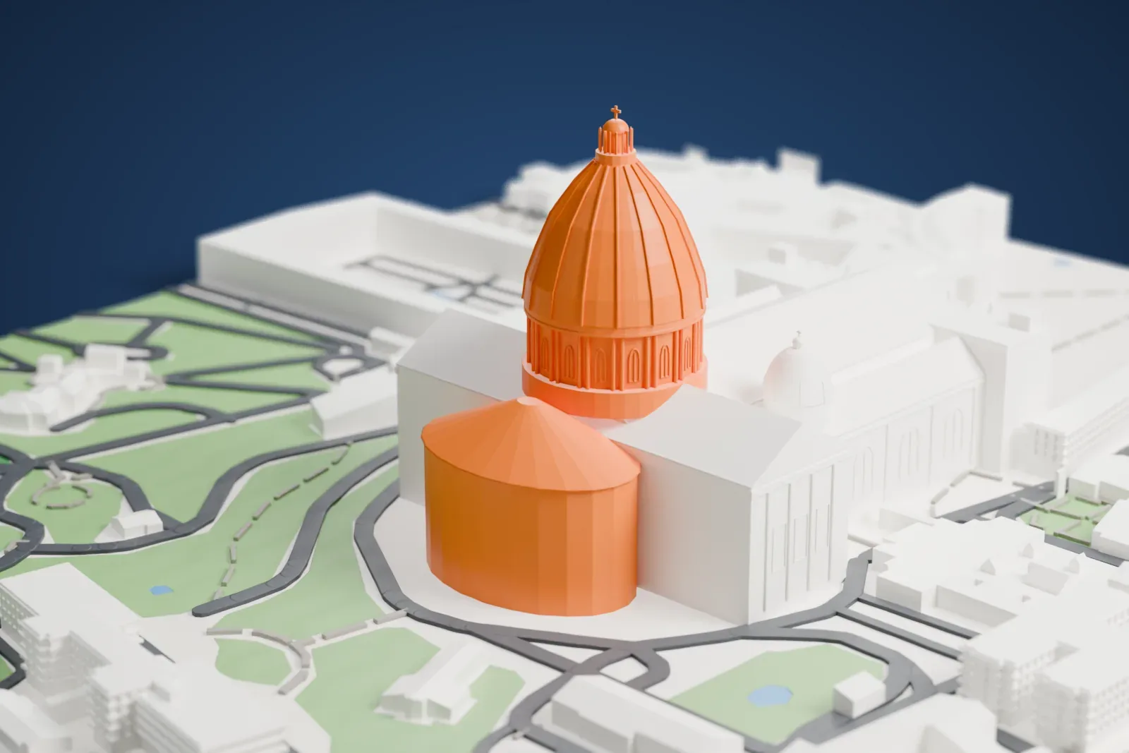 A white 3D print of St Peter's Basilica, with its ribbed dome, small side domes and columned front, surrounded by buildings, curving roads and green park areas.