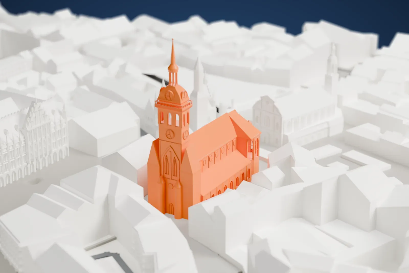 A white 3D print of St. Peter's Church in Munich among the surrounding streets and buildings.
