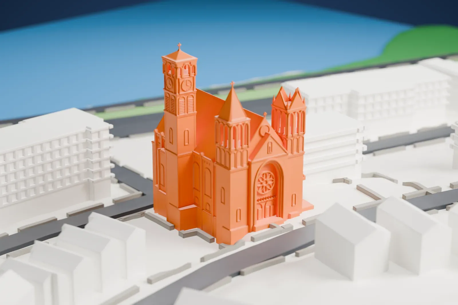 A white 3D print of St. Peter's Church, a large church with two towers at the front, a steep gable and a rounded apse, standing on a hillside beside curving streets.