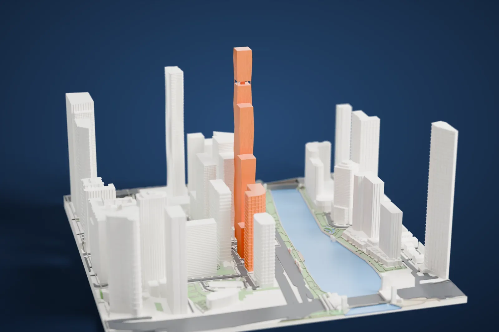 A white 3D print of the St. Regis Chicago, a very tall tower made of three connected masses of different heights, rising among other tall buildings beside a river.