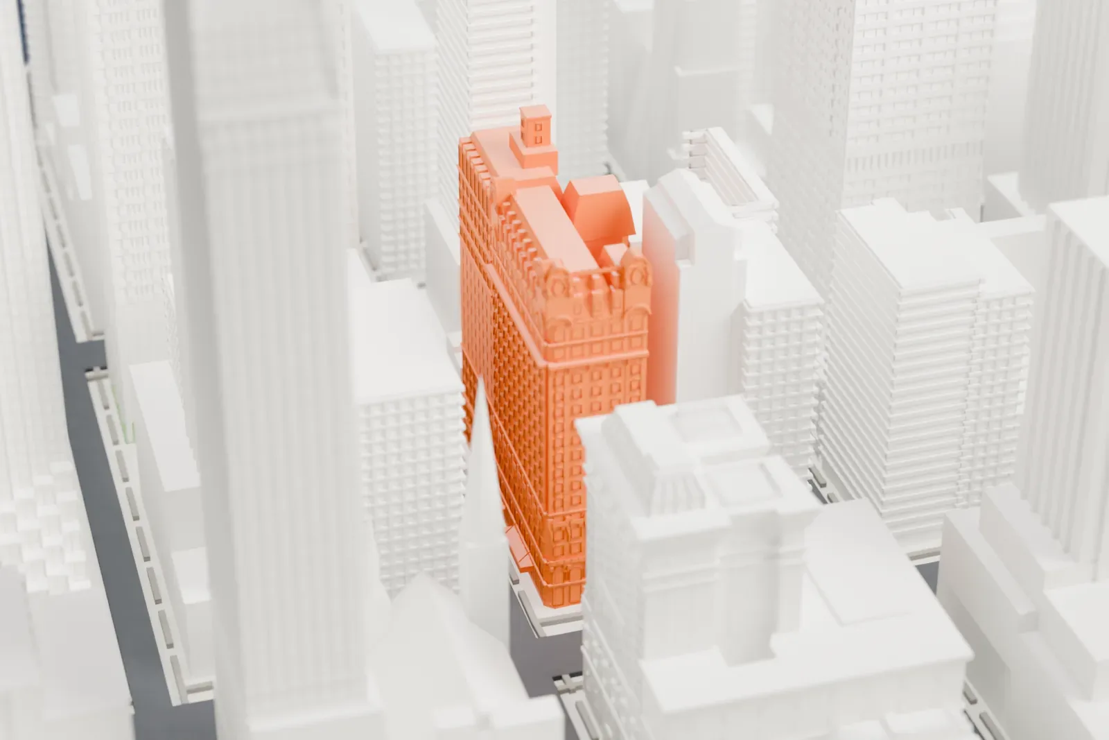 A white 3D print of the St. Regis New York, a hotel with a detailed roofline, partly hidden among much taller Midtown buildings.