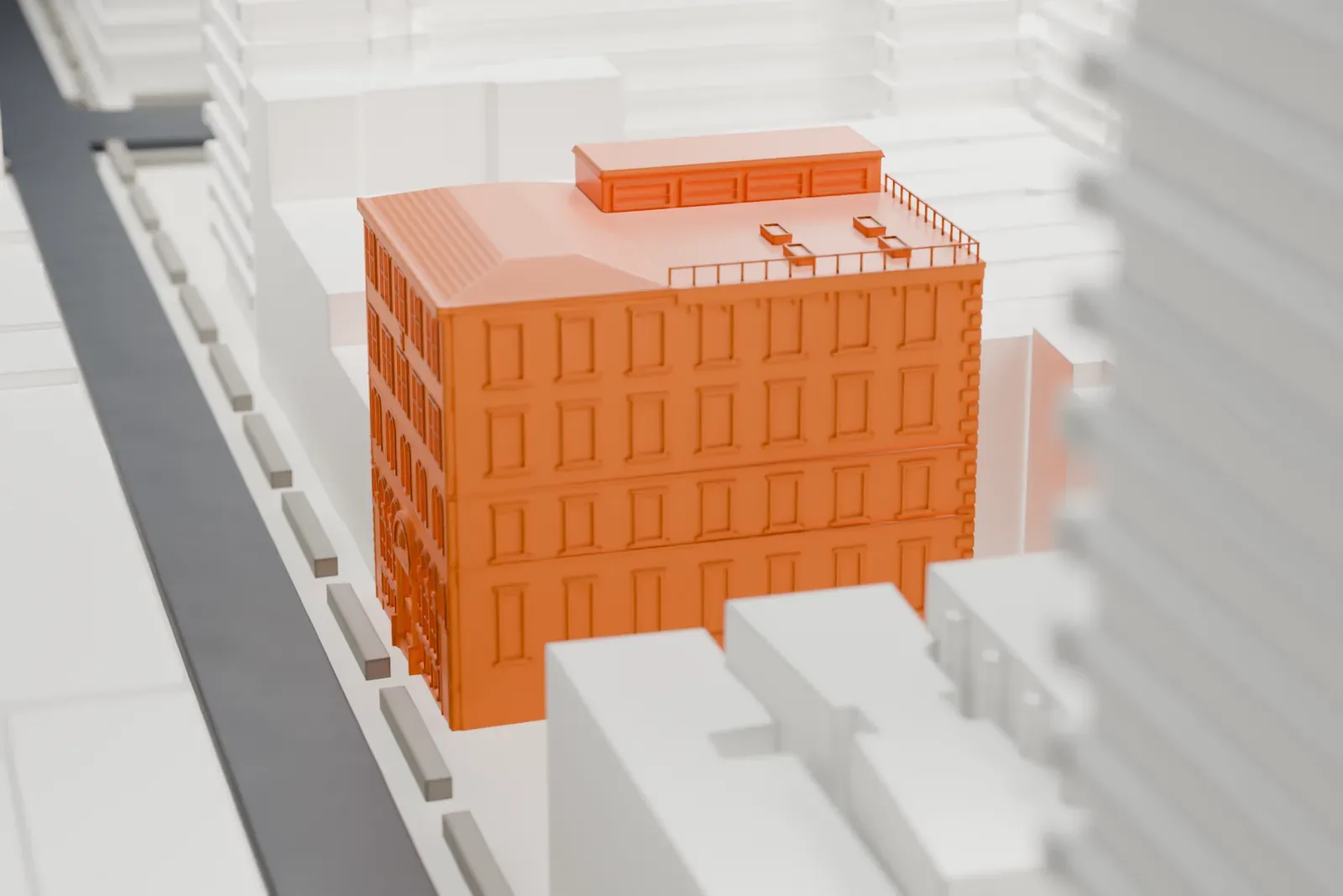 A white 3D print of St. Stephen of Hungary Church, a boxy brick building with rows of windows and a railed roof, among taller buildings.