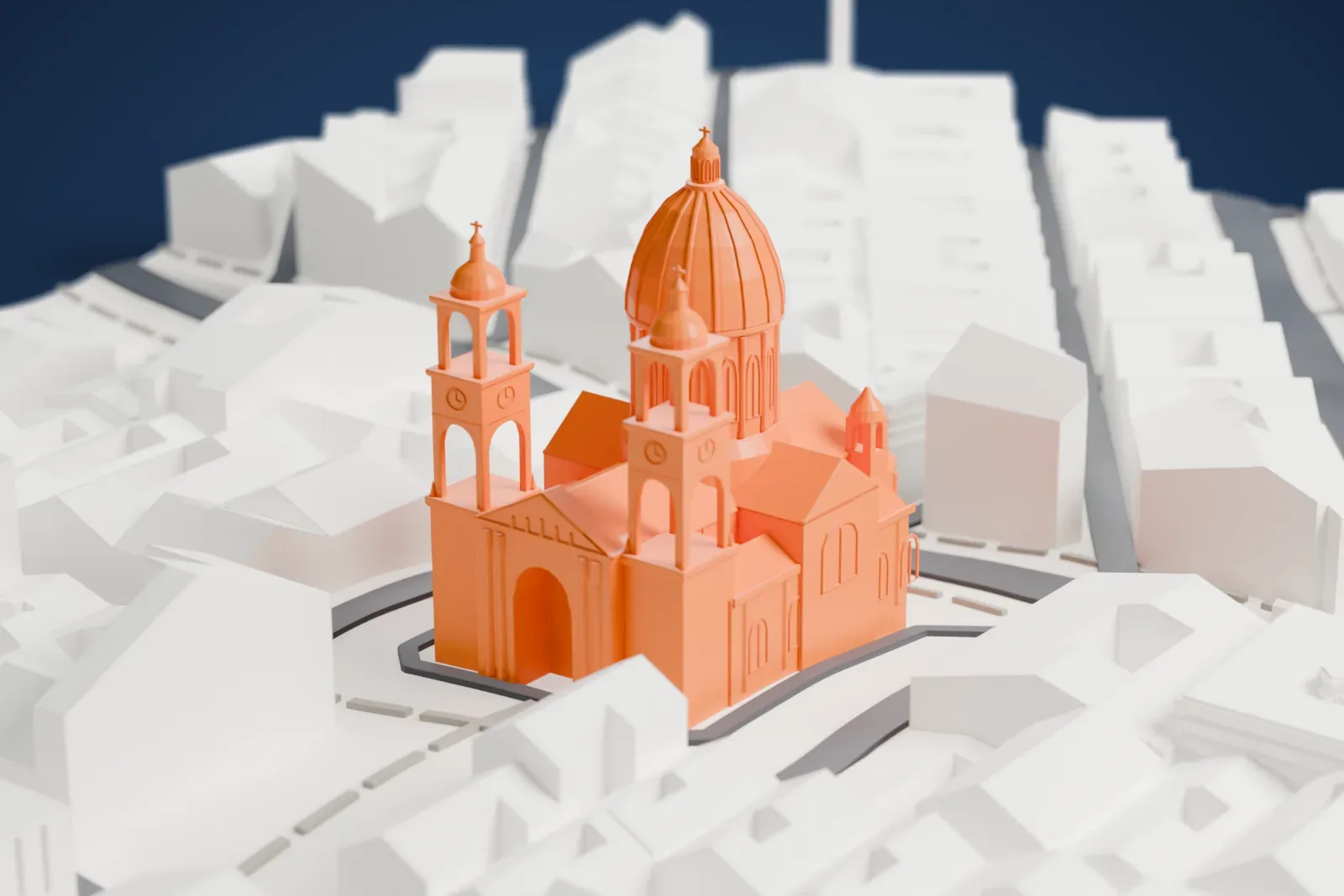 A white 3D print of St Stephen's Basilica, a church with a tall ribbed dome and two bell towers topped with small domes, surrounded by closely packed buildings and streets.