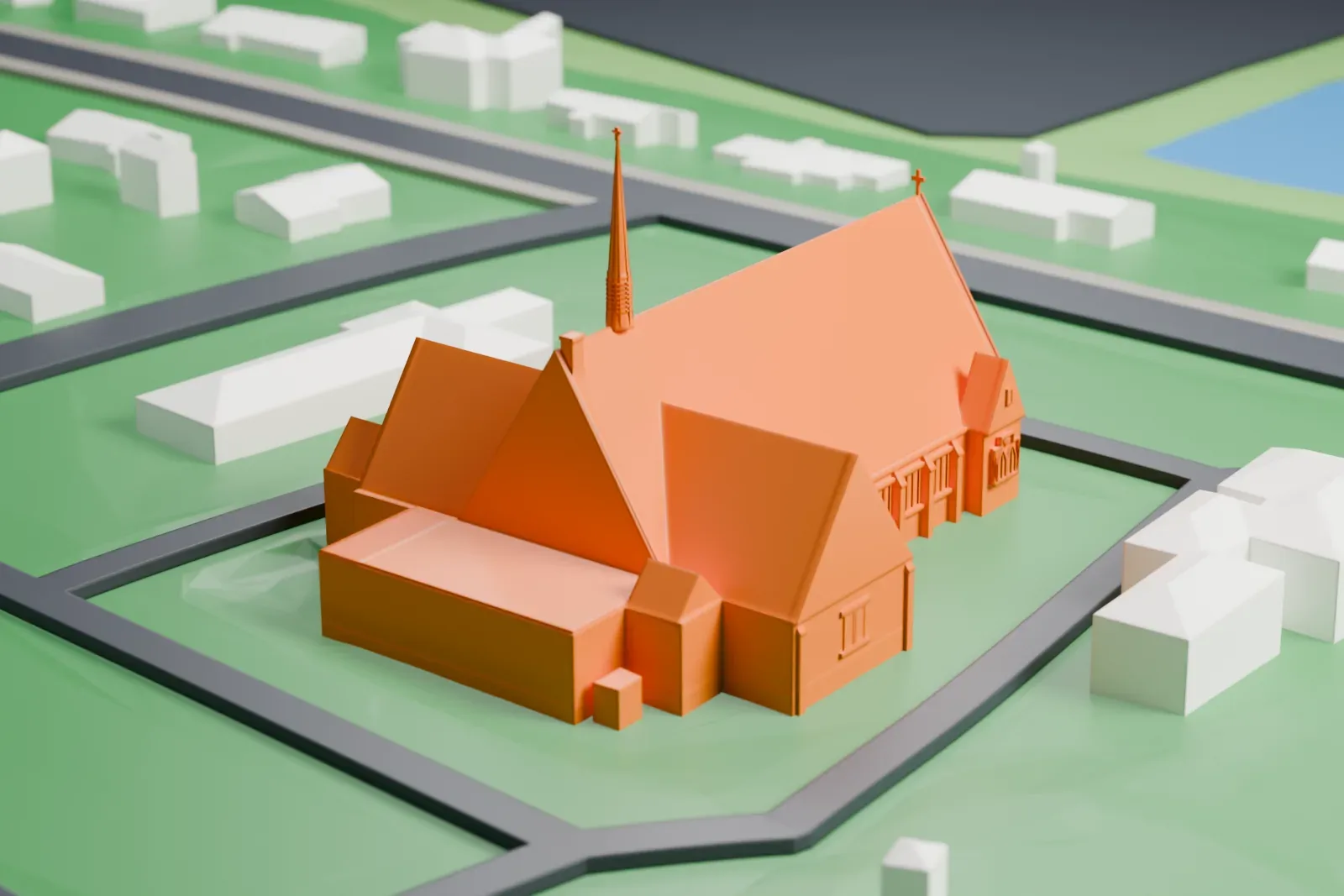 A white 3D print of St. Theresa Church in Trumbull, a long church with a steep roof, gabled wings and a thin spire, set on open grass with houses and roads nearby.