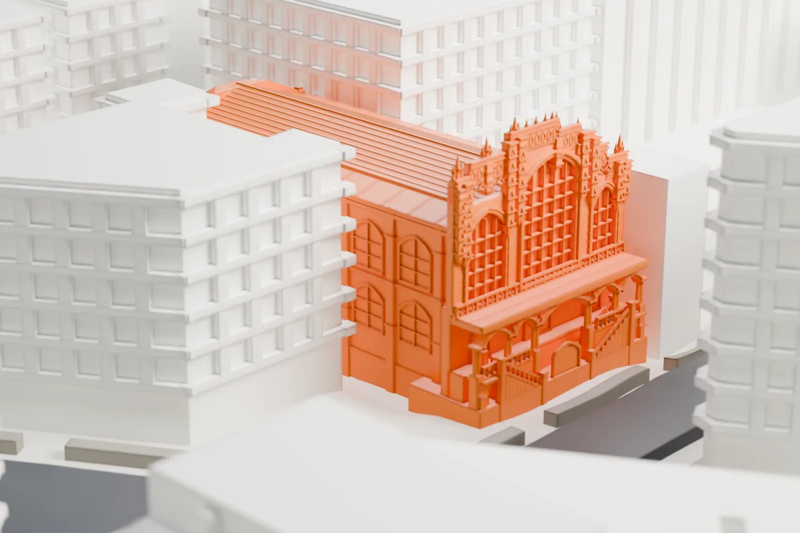 A white 3D print of the Church of St. Thomas the Apostle, a long church with an ornate gabled front, set among taller buildings and streets.