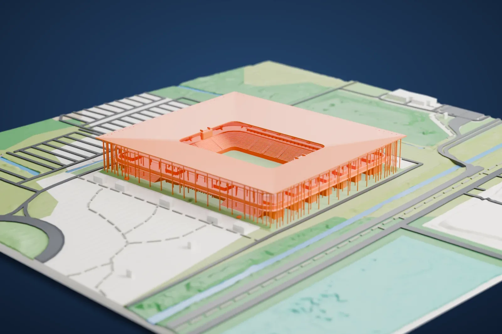 A white 3D print of Stade Atlantique, a stadium with a wide flat roof held up by slim columns and an open center over the pitch, surrounded by roads, parking lots and green land.