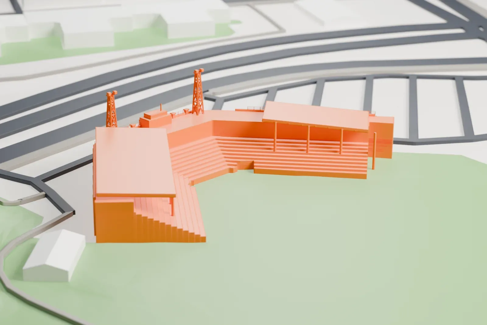 A white 3D print of Stade Canac among the surrounding streets and buildings.