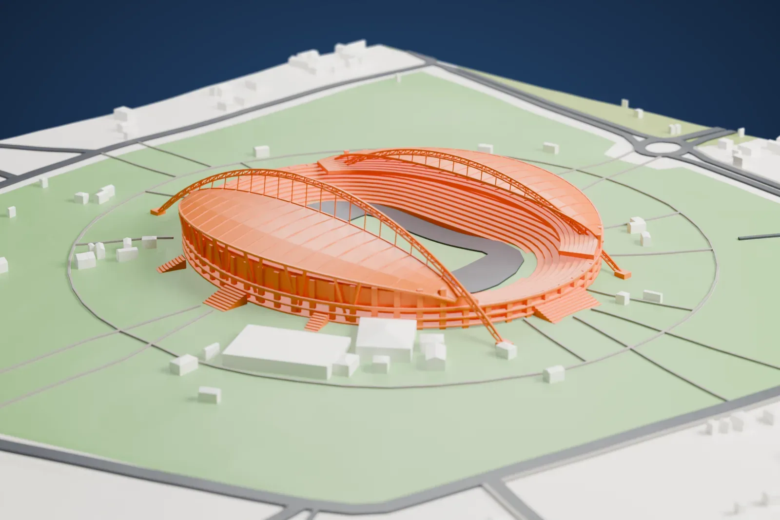 A white 3D print of Stade d'Angondjé, an oval stadium with a ribbed roof and two tall slender masts, among surrounding roads and buildings.