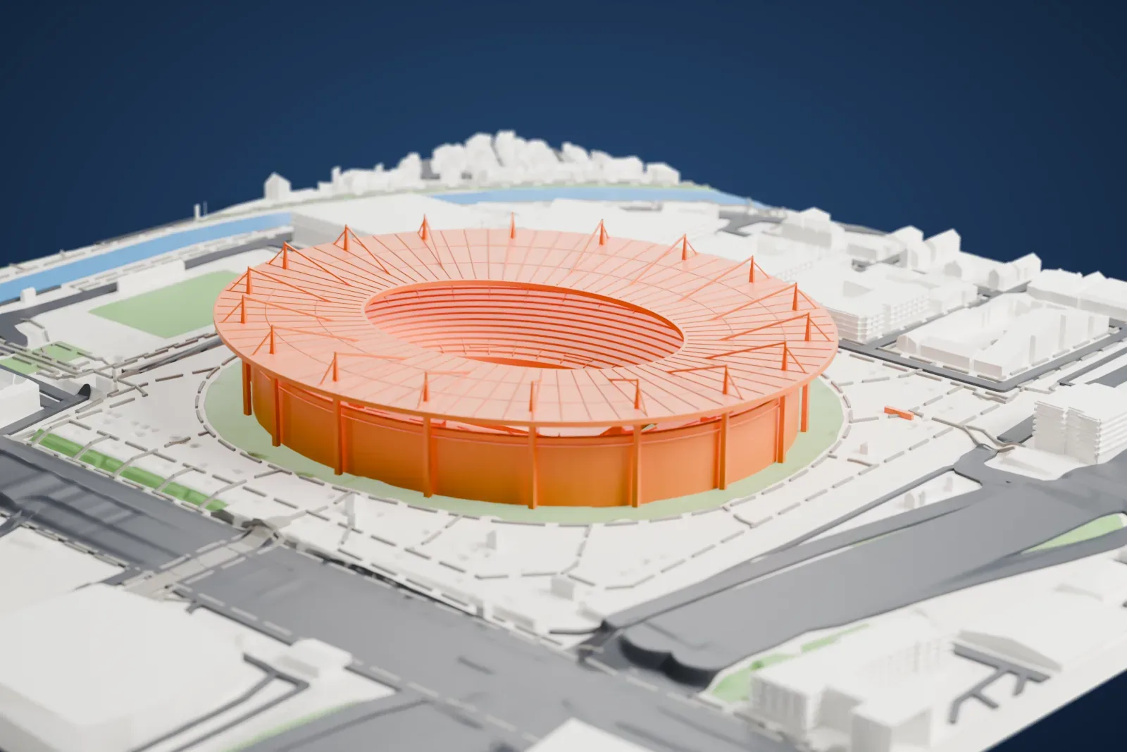 A white 3D print of the Stade de France, a huge oval stadium with a ribbed ring roof and thin radial struts rising above its rim, between a waterway, roads and city blocks.