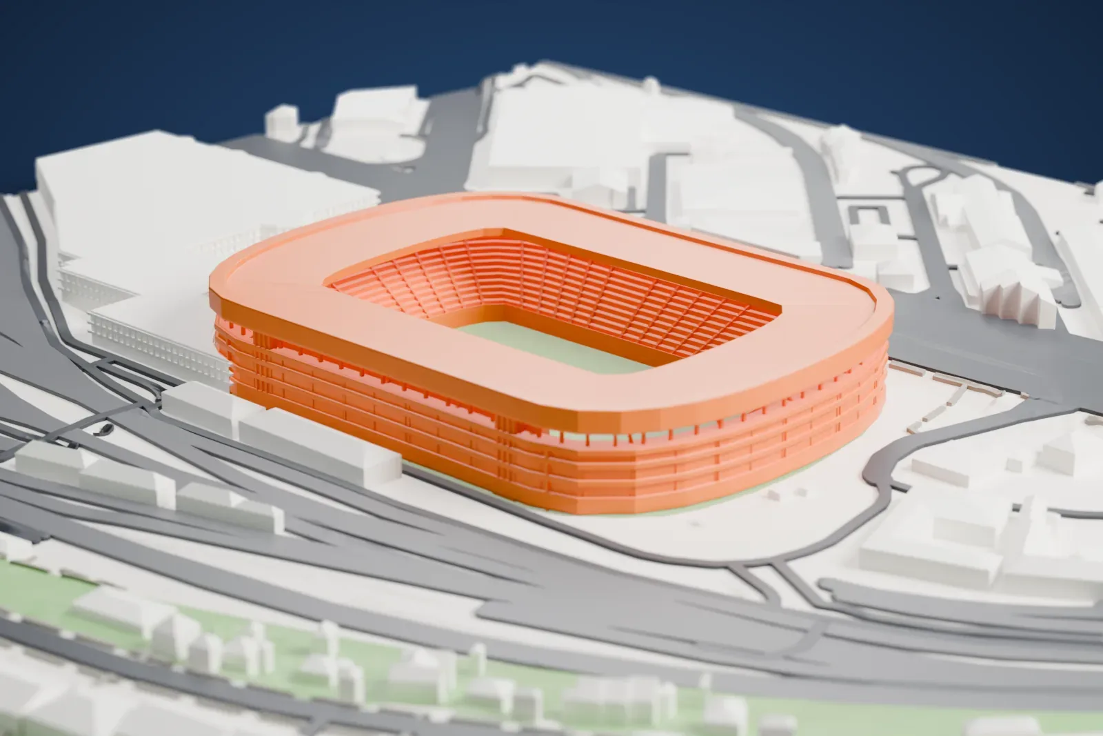 A white 3D print of the Stade de Genève, a closed rounded bowl under a level roof ring that leaves an opening over the pitch, with an open band of columns under the fascia, among the streets and buildings around it.